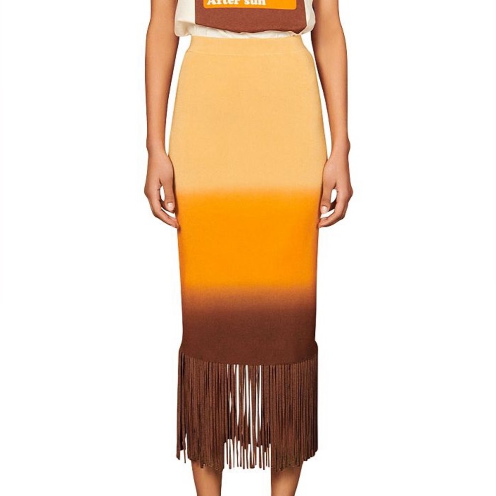 Sandro Ombre Fringe Pencil Skirt in Yellow, Orange & Brown